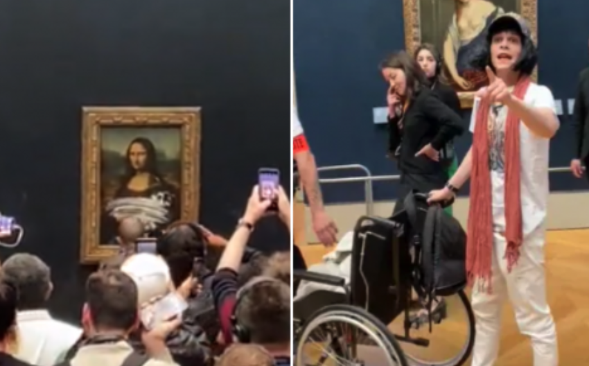 Mona Lisa Hit with Cake by Man in Wig TIMCAST
